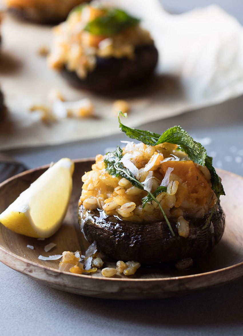 Cheesy Risotto Stuffed Portobello with Pumpkin and Barley