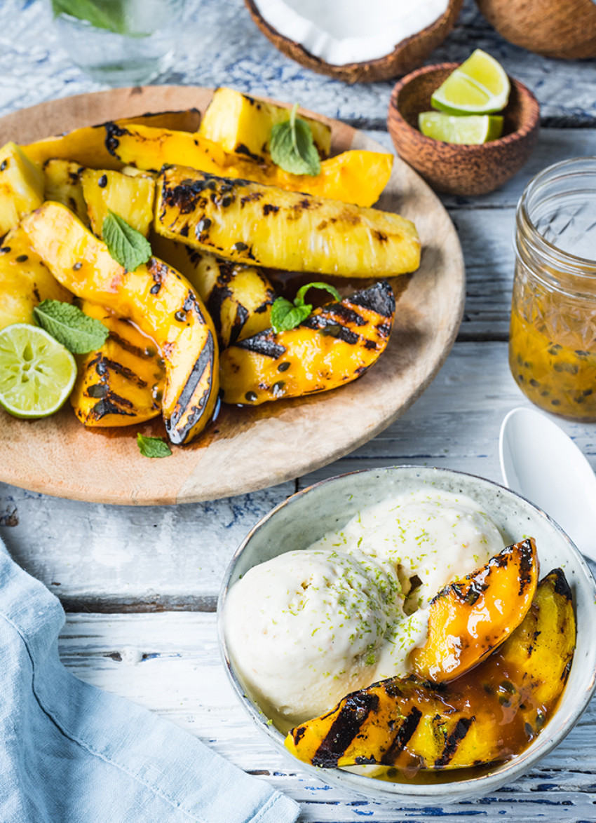 Grilled Tropical Fruit with No-Churn Coconut Ice Cream