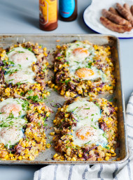 One-pan Potato, Corn and Cabbage Hash with Baked Eggs