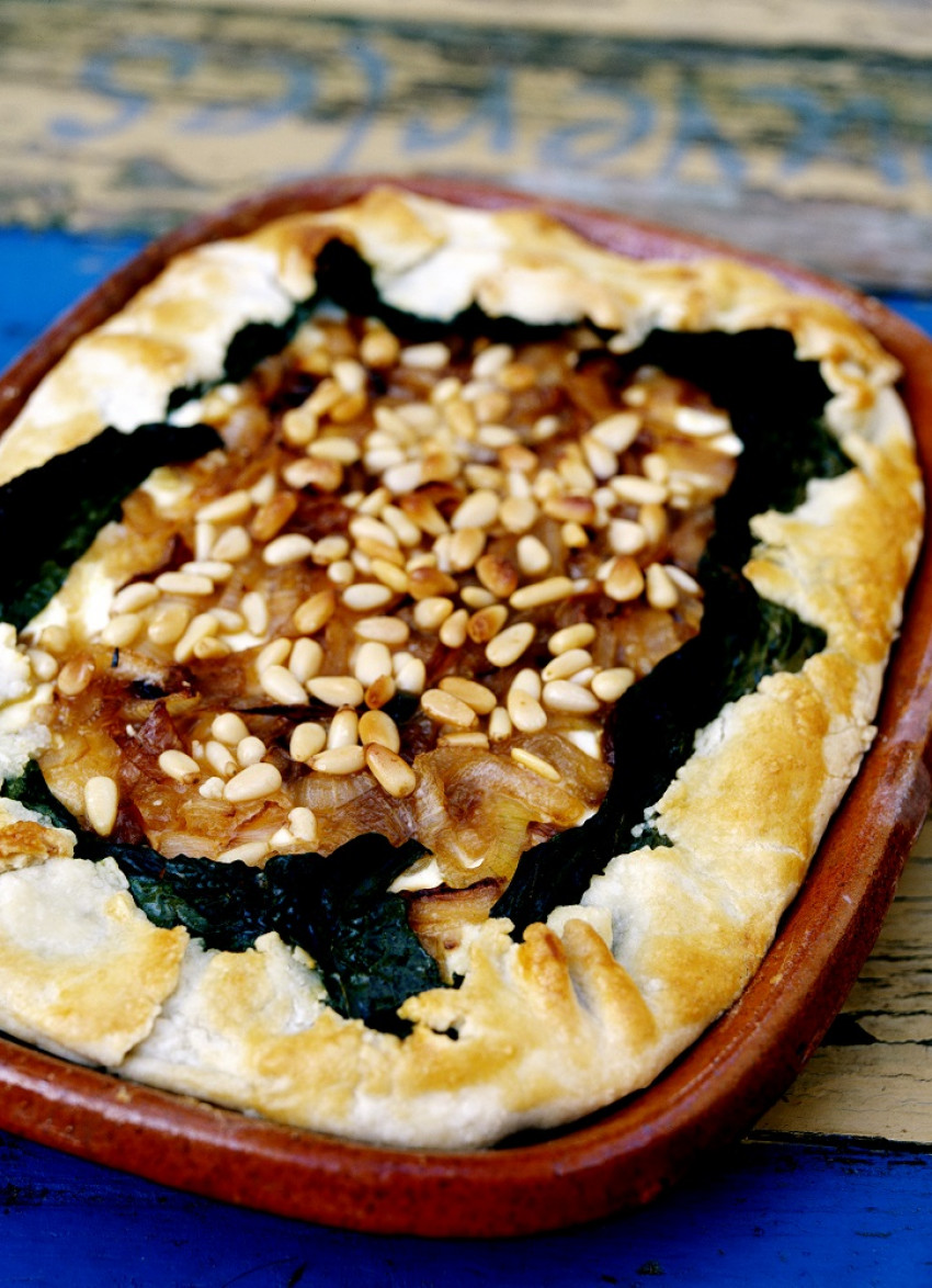 Open-Face Onion, Goat Cheese and Pine Nut Tart