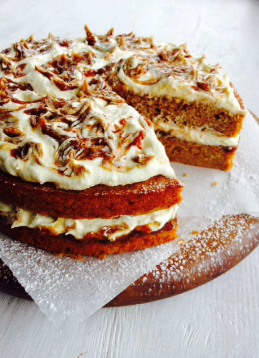 Orange and Spiced Sweet Potato Cake with Caramel Date Sauce