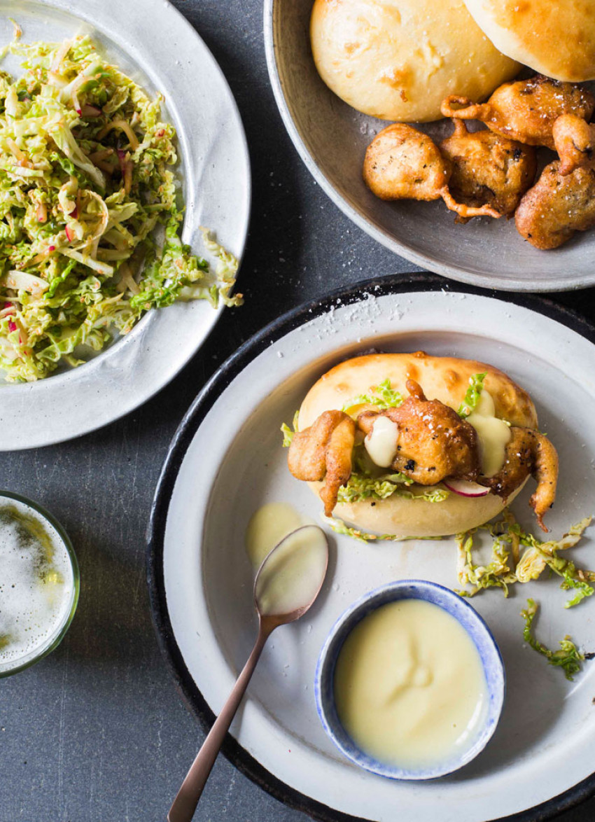 Ginger Beer Tempura Oyster Sliders with Japanese Slaw