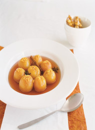 Peaches Poached in Lemongrass Syrup with Macadamia Praline