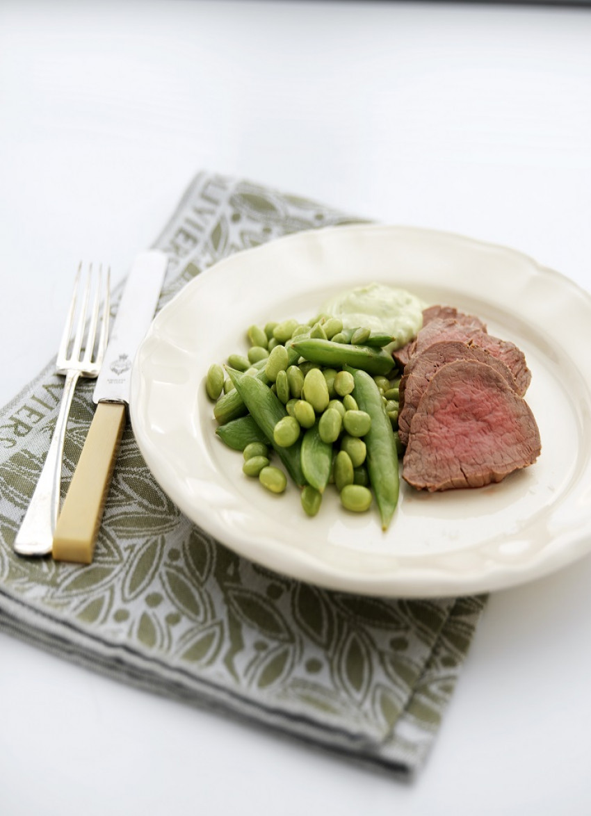 Poached Fillet of Beef with Green Salad and Avocado Dressing