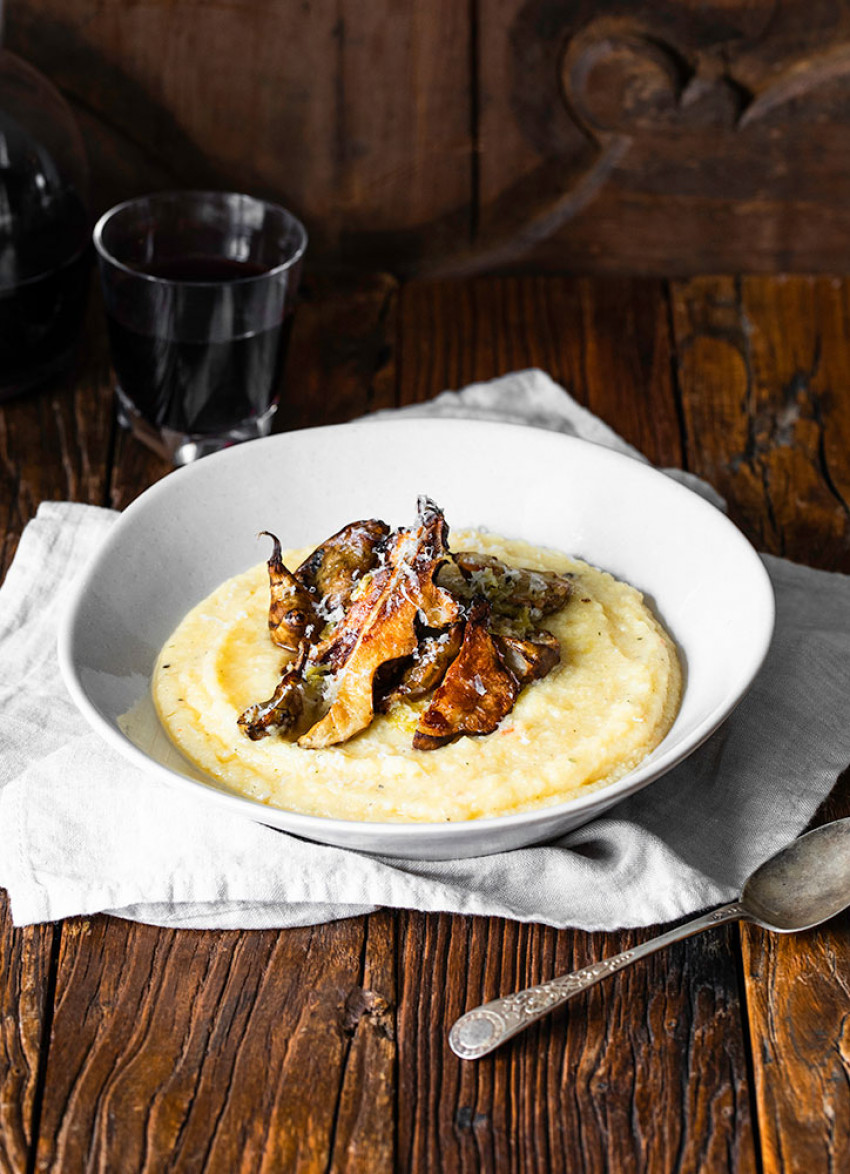 Polenta with Roasted Jerusalem Artichokes and Garlicky Lemon Dressing