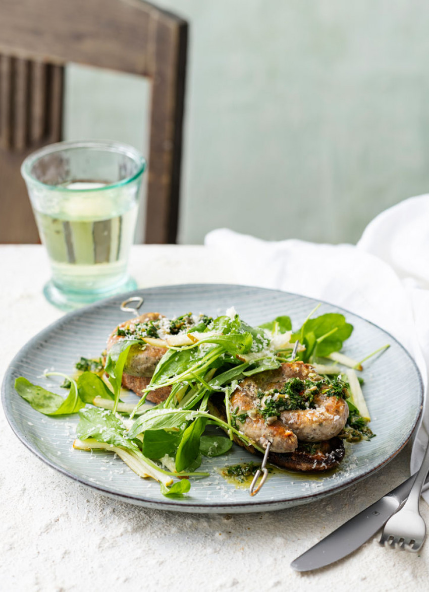 Pork and Fennel Sausages with Rocket and Pear Salad