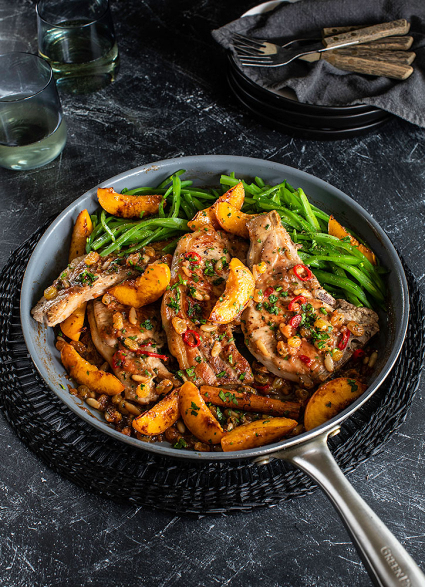 Pork Cutlets with Quince Paste, Pine Nuts and Chilli