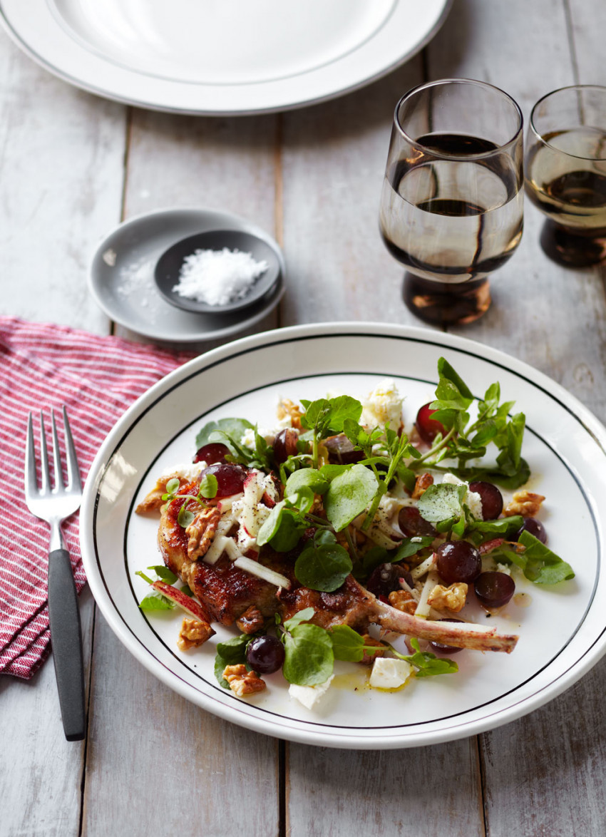 Pork Chops with Grape, Feta and Walnut Salad