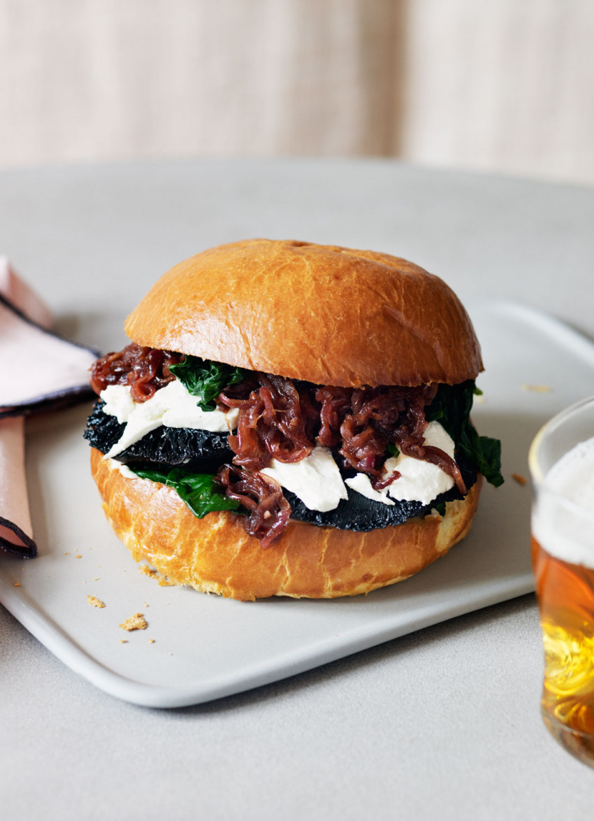 Portobello Mushroom, Balsamic Onion and Goat’s Cheese Burgers