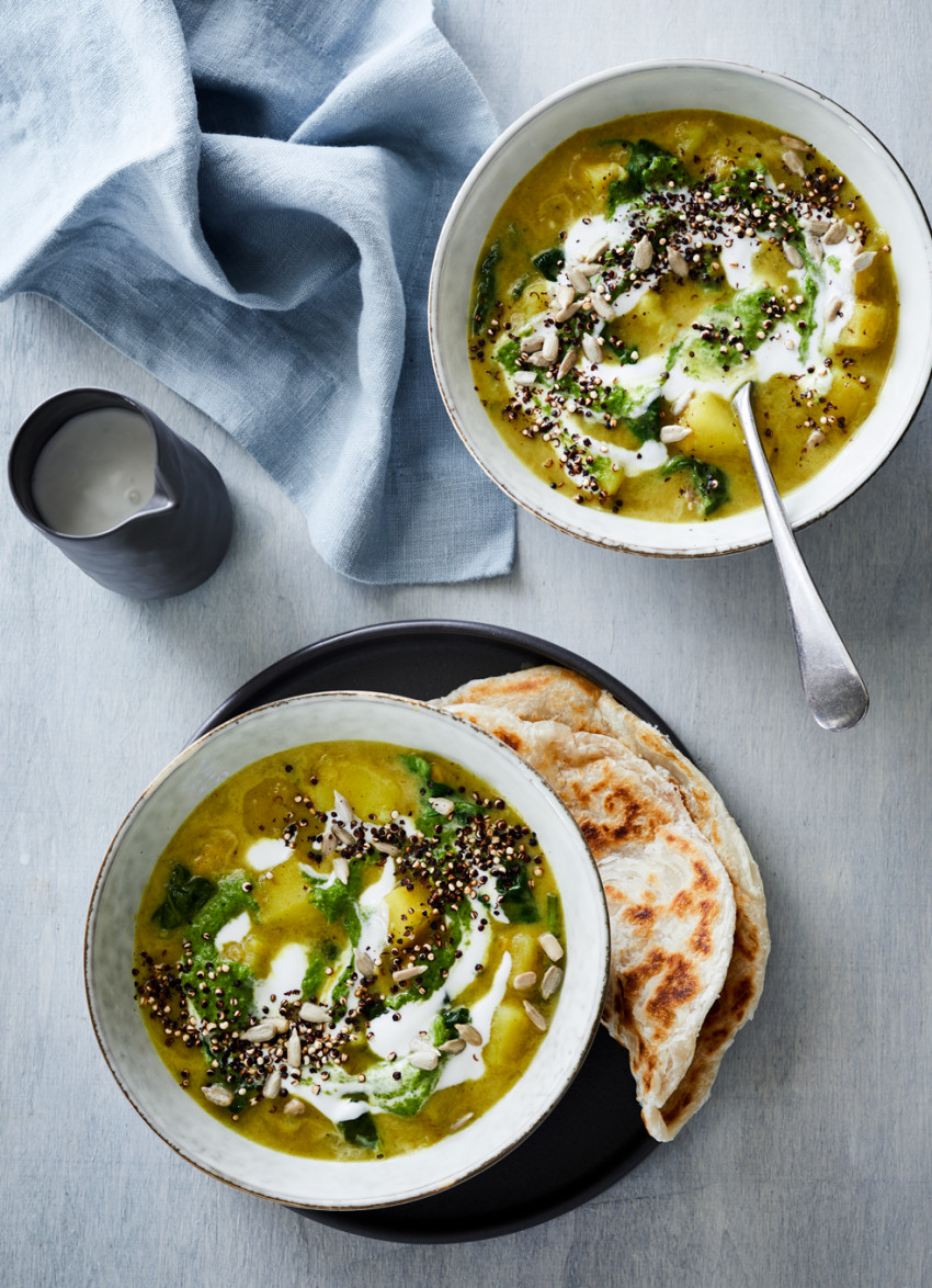 Hearty Spiced Potato, Greens and Chickpea Soup