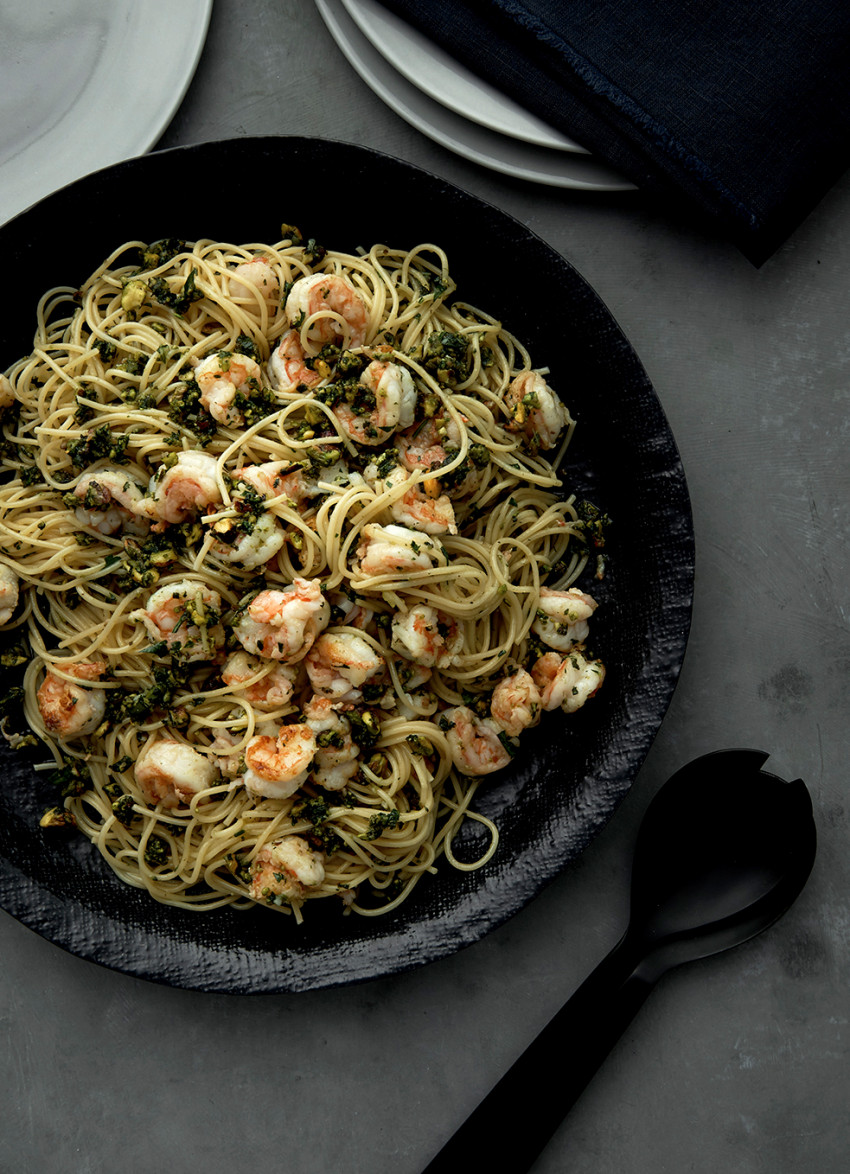 Spaghettini with Prawns, Basil, Parsley and Pistachios