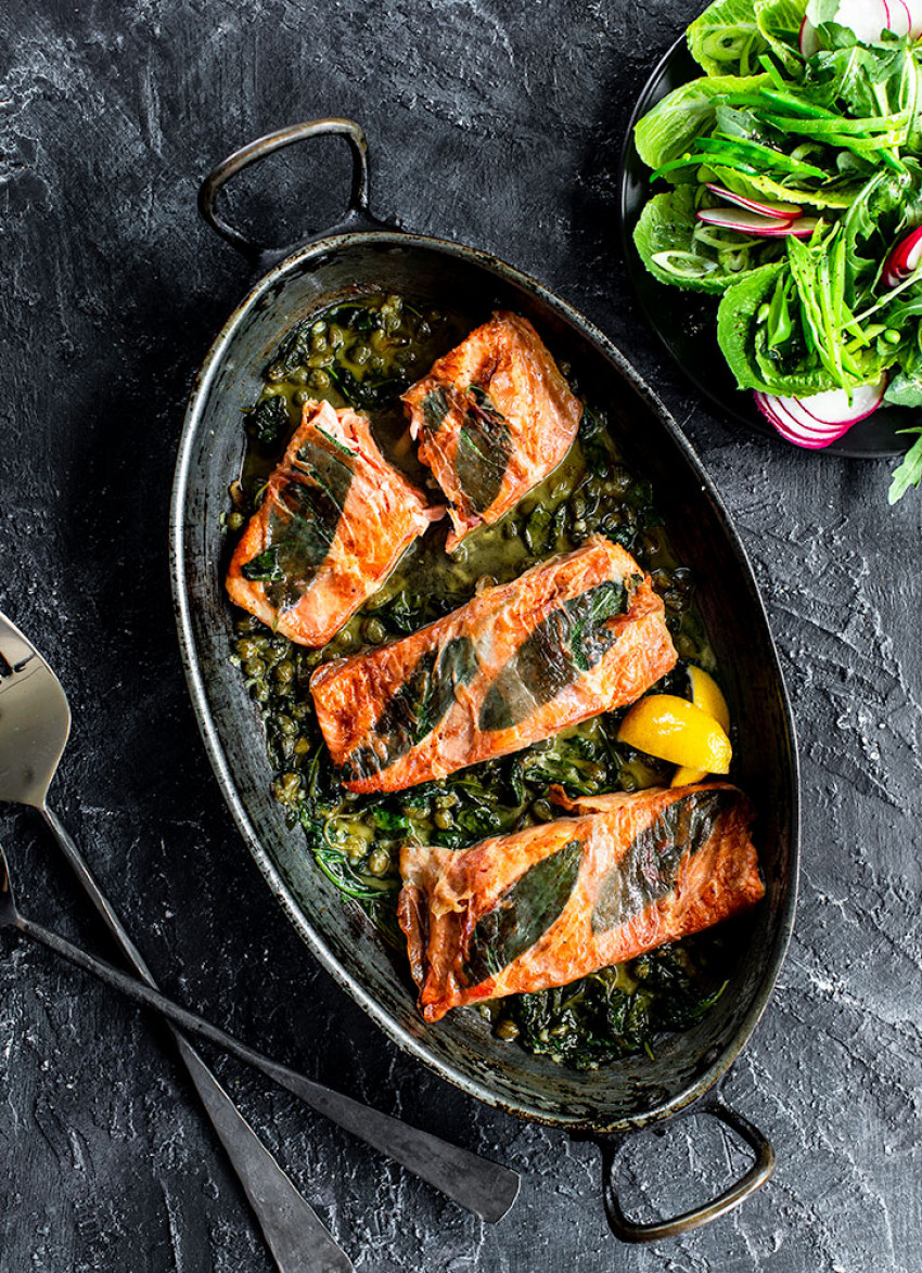 Prosciutto-wrapped Salmon with Sage and Capers