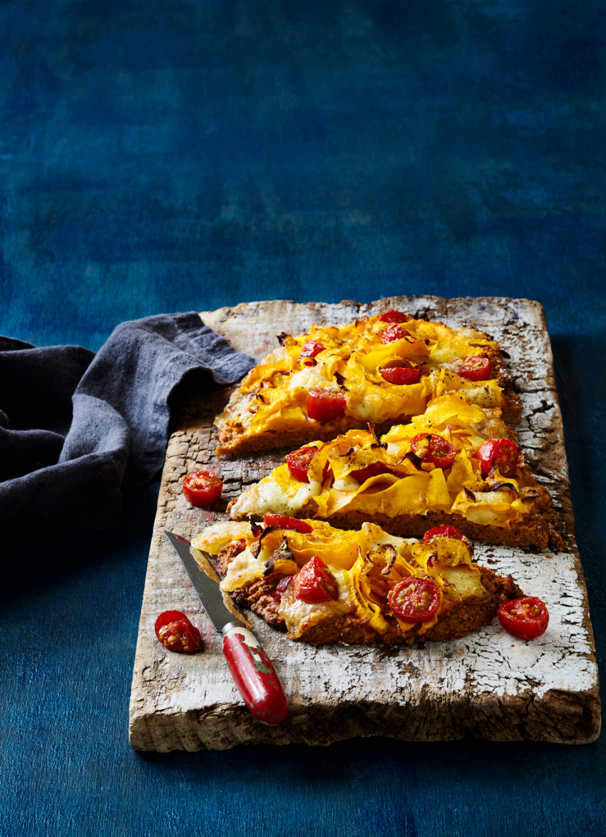 Quinoa Pizza with Shaved Pumpkin, Mozzarella and Cherry Tomatoes (gf) 