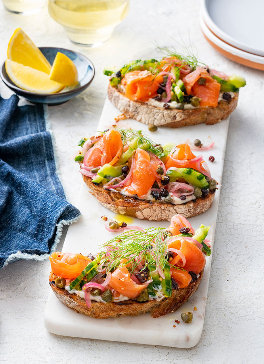 Regal Smoked Salmon Bruschetta with a Currant and Red Onion Pickle