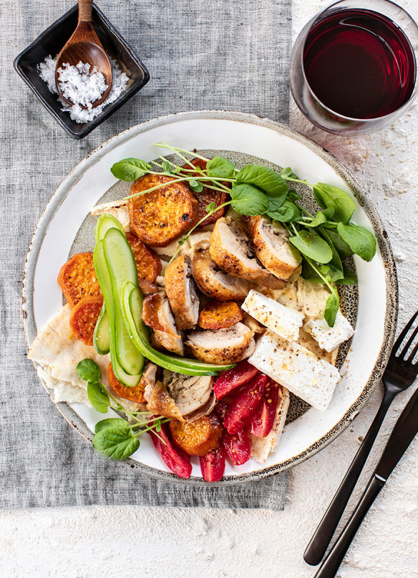 Roast Chicken Thighs on Paprika Sweet Potatoes 