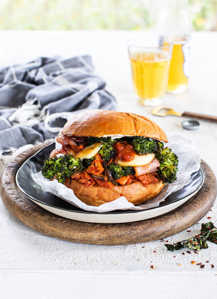 Roasted Broccolini, Kimchi, Bacon and Cheese Burgers