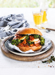 Roasted Broccolini, Kimchi, Bacon and Cheese Burgers