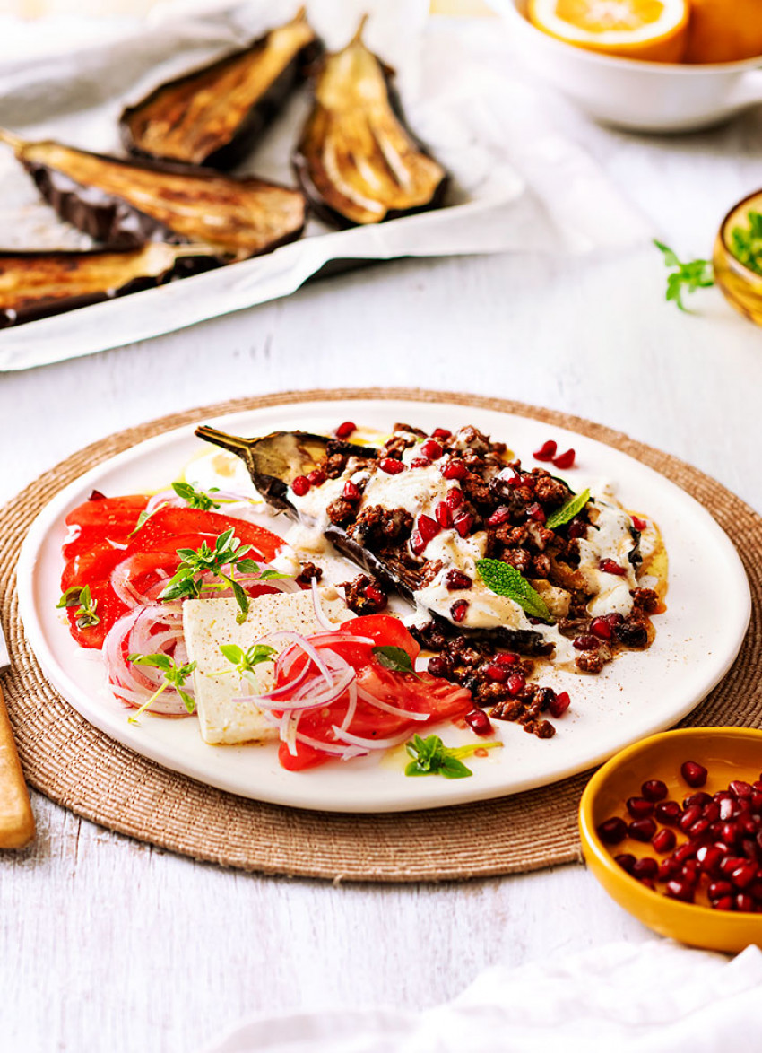 Roasted Eggplant with Spiced Lamb and Tahini