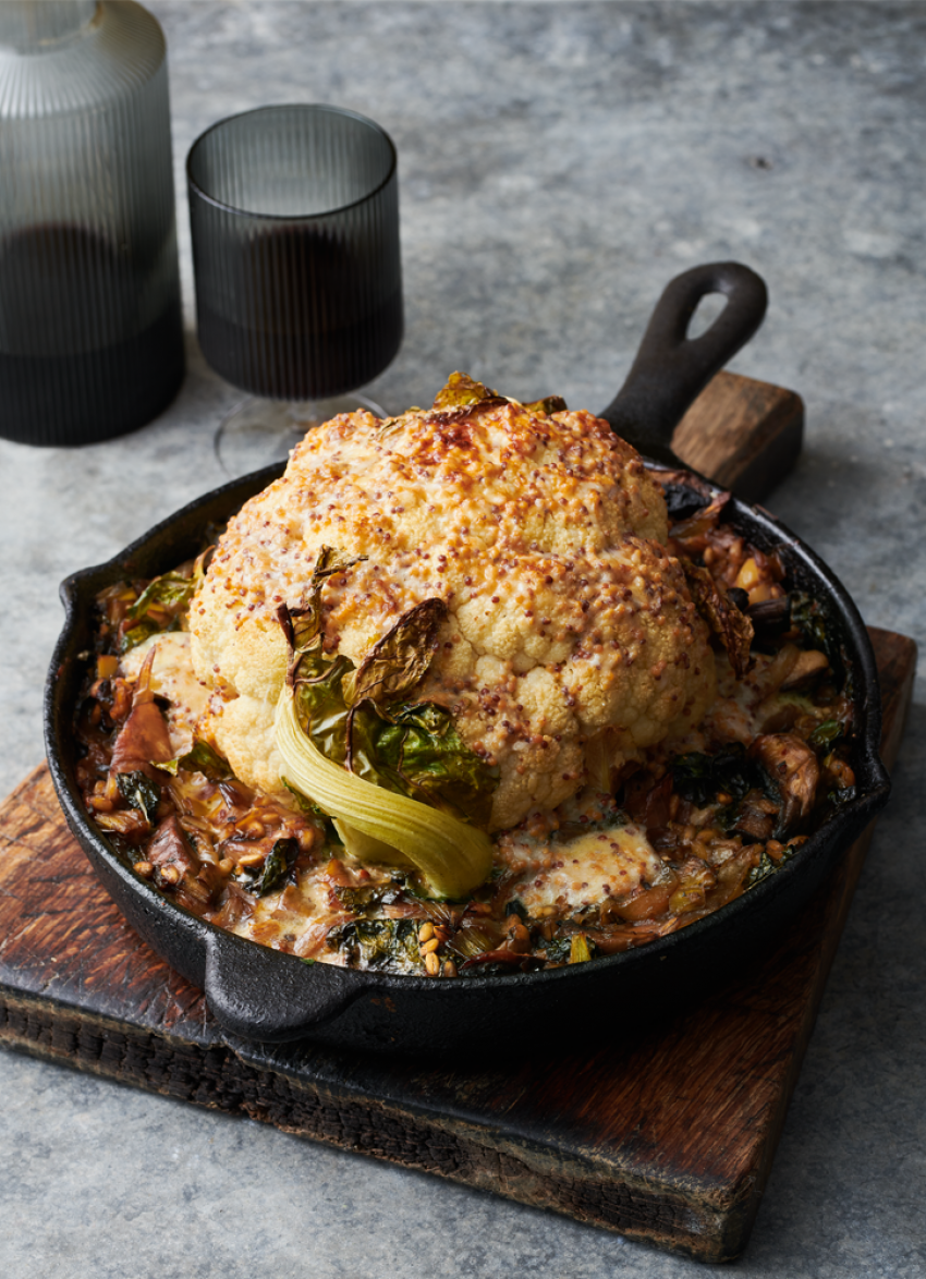 Roasted Whole Cauliflower on Barley and Leeks