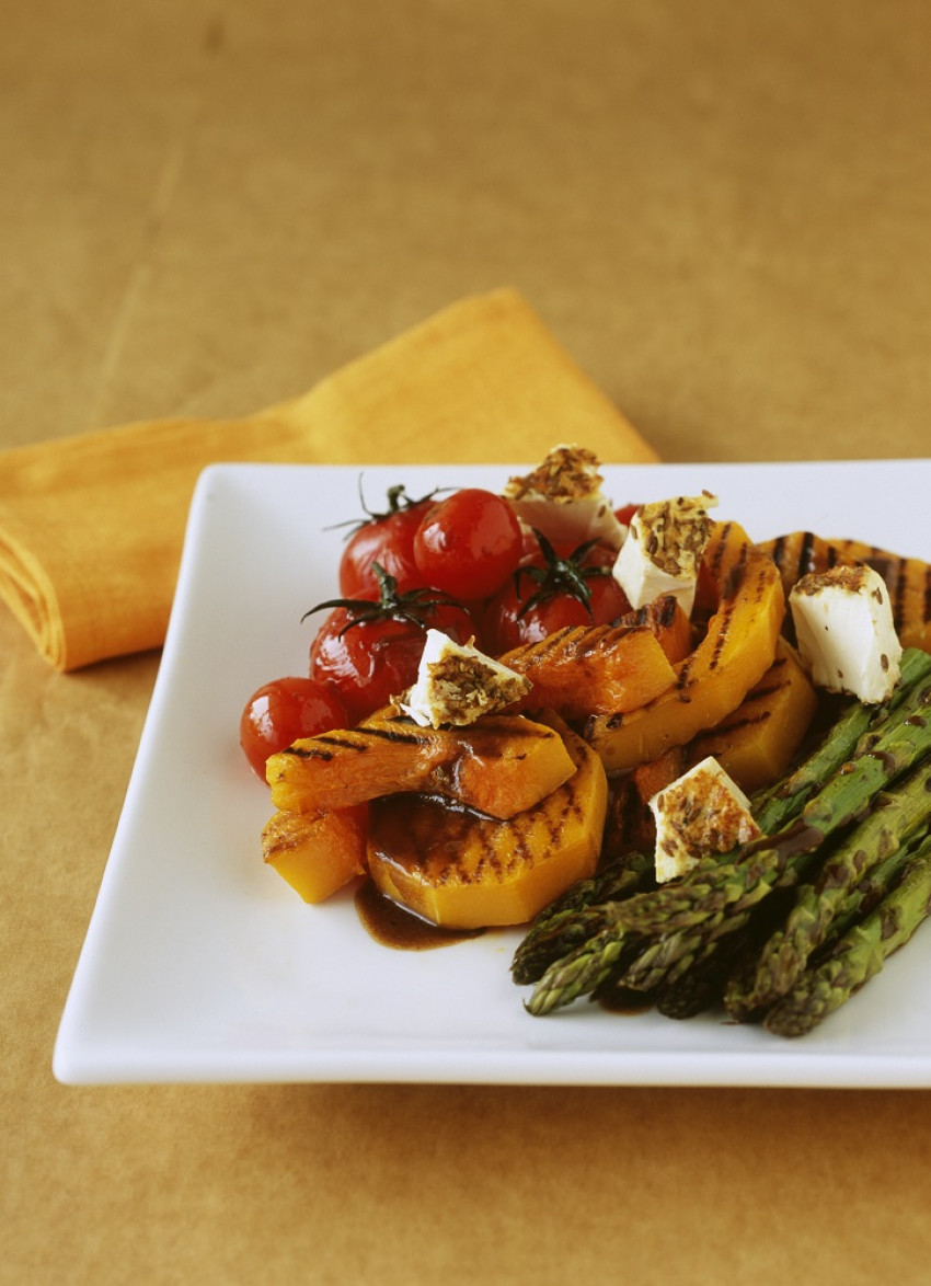 Barbecued Feta and Vegetables with Mint and Balsamic Dressing