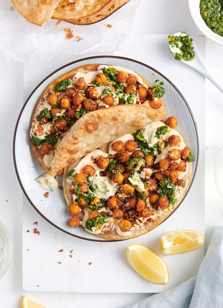 Roti with Smoky Chickpeas, Hummus and Preserved Lemon Chimichurri