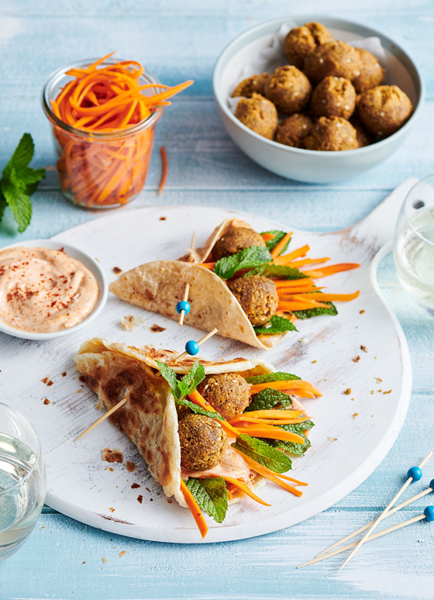 Roti Wraps with Falafel, Paprika Mayo and Pickled Carrots