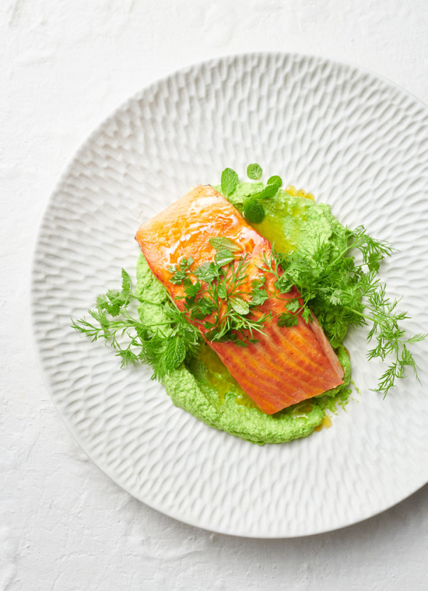 Salmon with Silky Pea Purée and Herb Salad