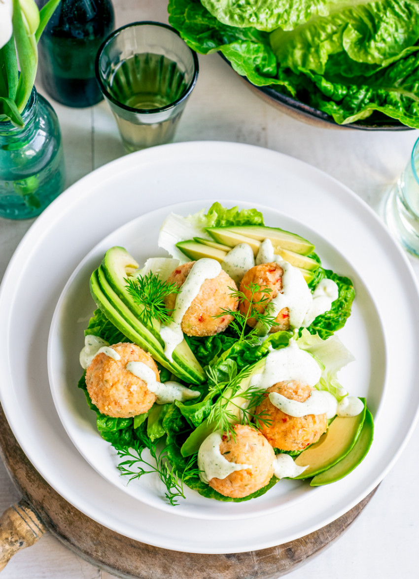 Salmon Balls with Avocado and Lemon Dill Mayo