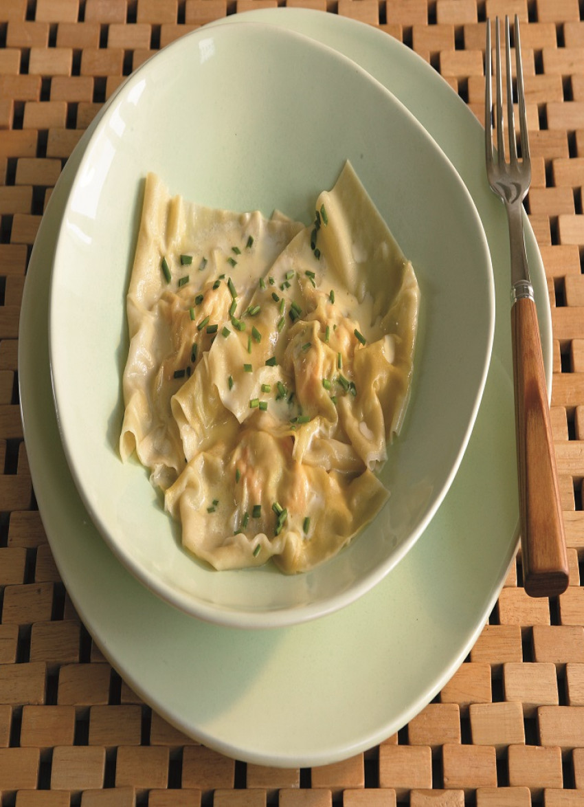 Salmon and Wasabi Ravioli in a Kaffir Lime Broth