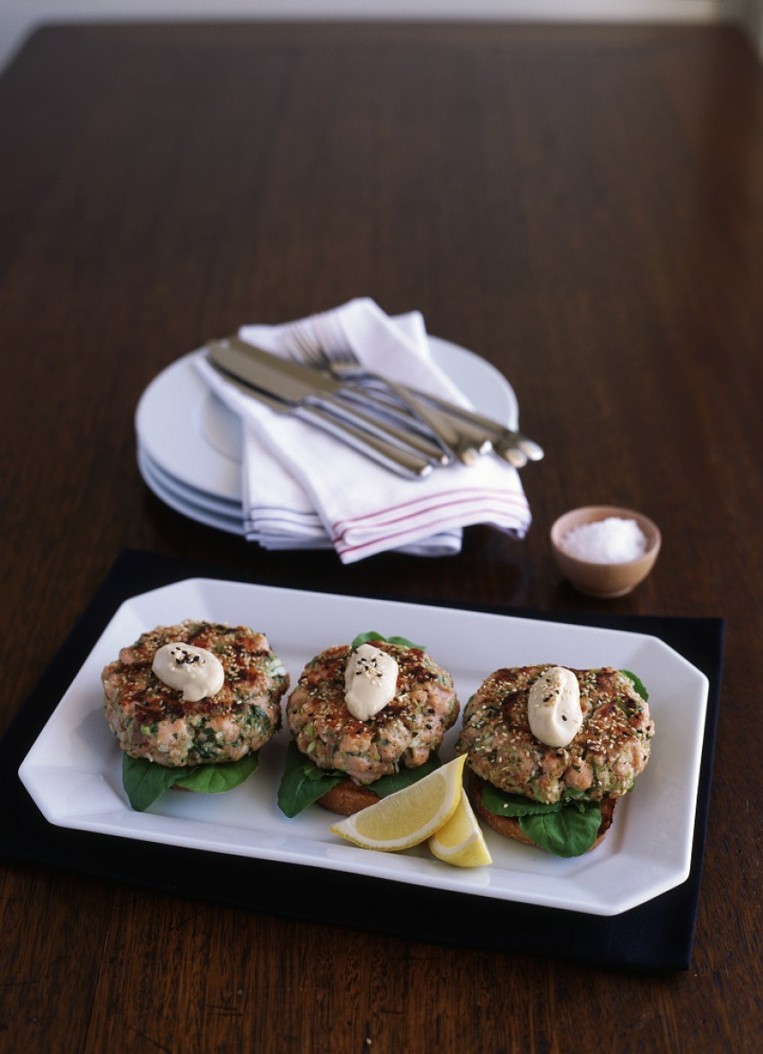 Salmon Burgers with Wasabi Mayonnaise