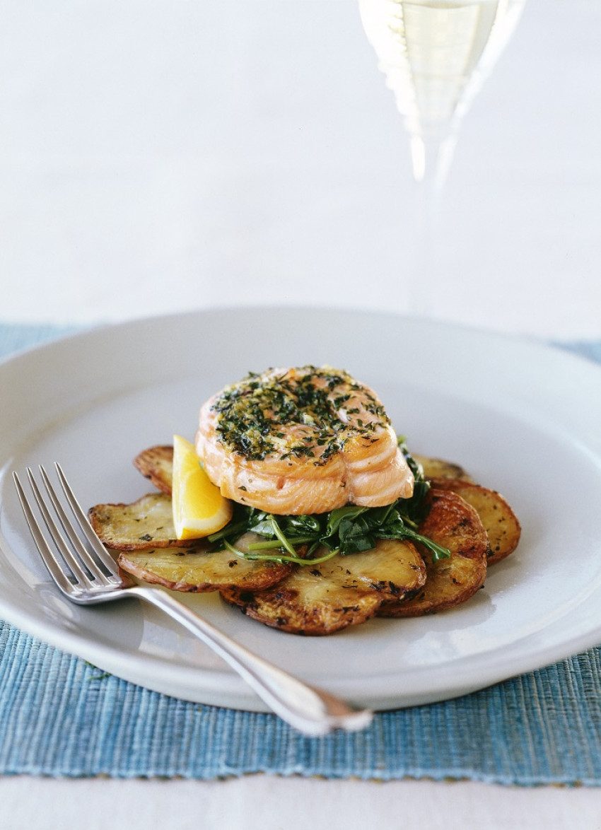 Salmon Medallions on Crisp Potatoes and Wilted Greens