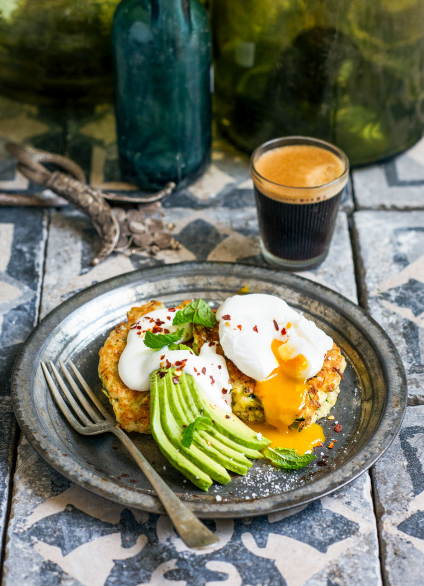 Zucchini and Quinoa Fritters with Eggs and Feta Yoghurt 