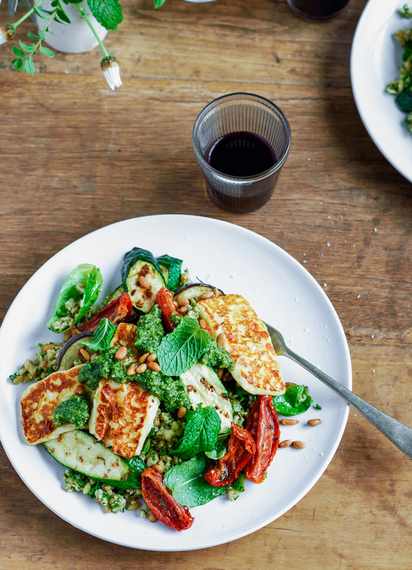 Freekeh and Halloumi Salad with Pesto Dressing