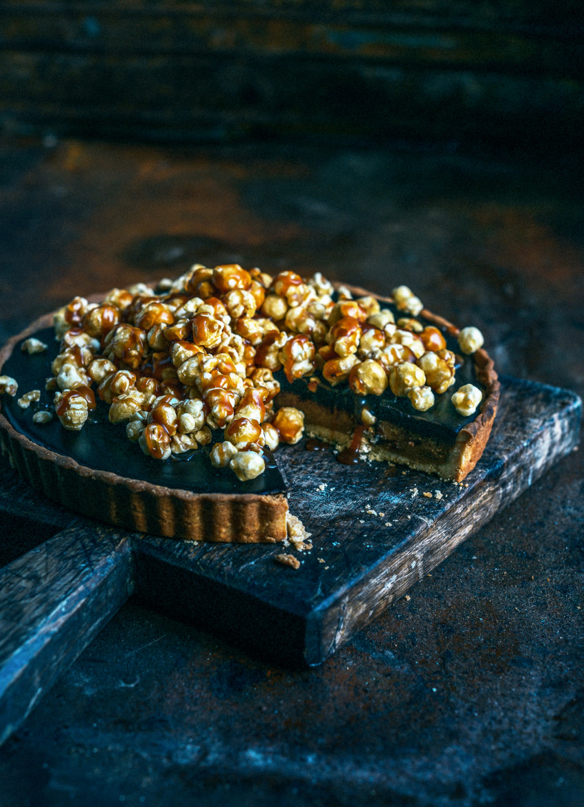 Salted Peanut Caramel Chocolate Popcorn Tart