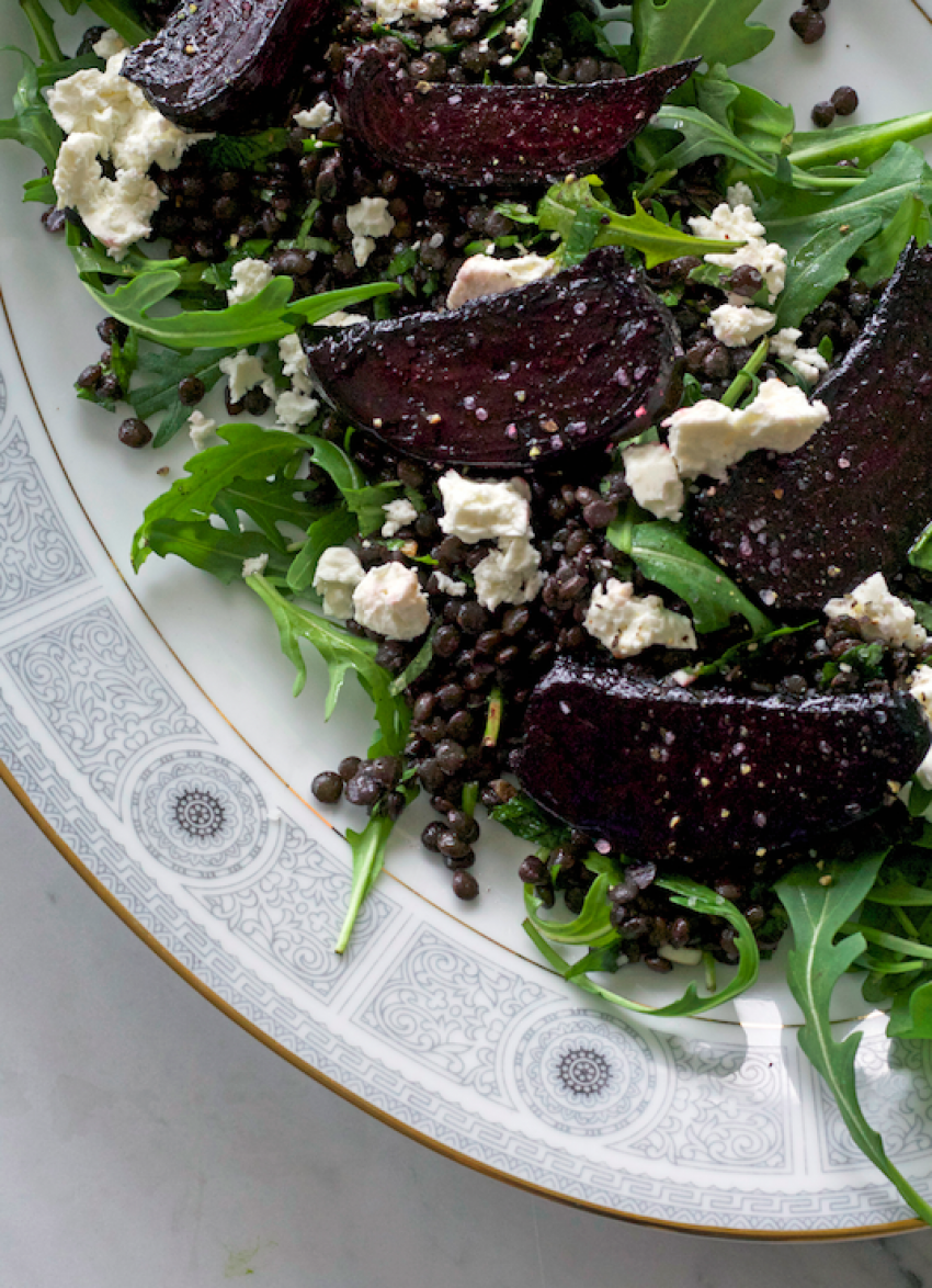 Herby Beluga Lentils with Balsamic Beets, Feta and Rocket