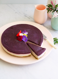 Vegan ‘Cheesecake’ with Almond and Pistachio Base, Ginger Vanilla Filling and Blueberry Chia Jelly