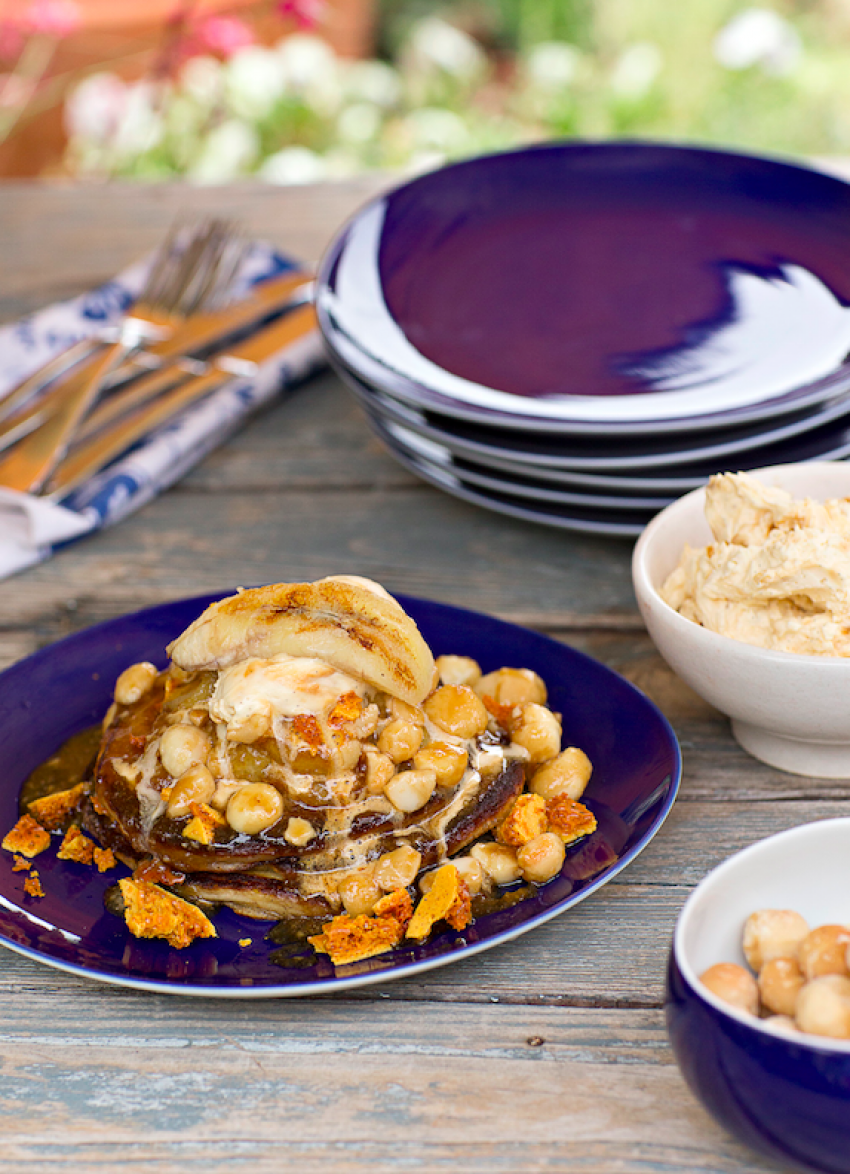 Buttermilk and Ricotta Pancakes with Honeycomb Cream, Caramelised Bananas and Macadamias