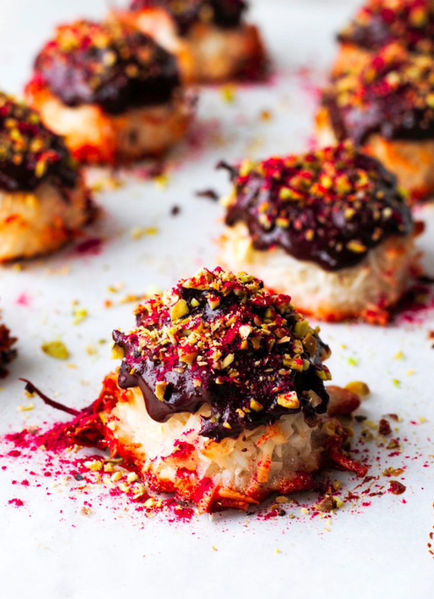 Coconut, Pistachio and Raspberry Macaroons