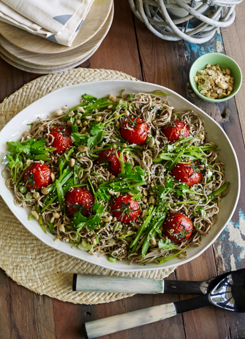 Buckwheat Noodle and Roasted Tomato Salad with Hoisin and Sesame Dressing