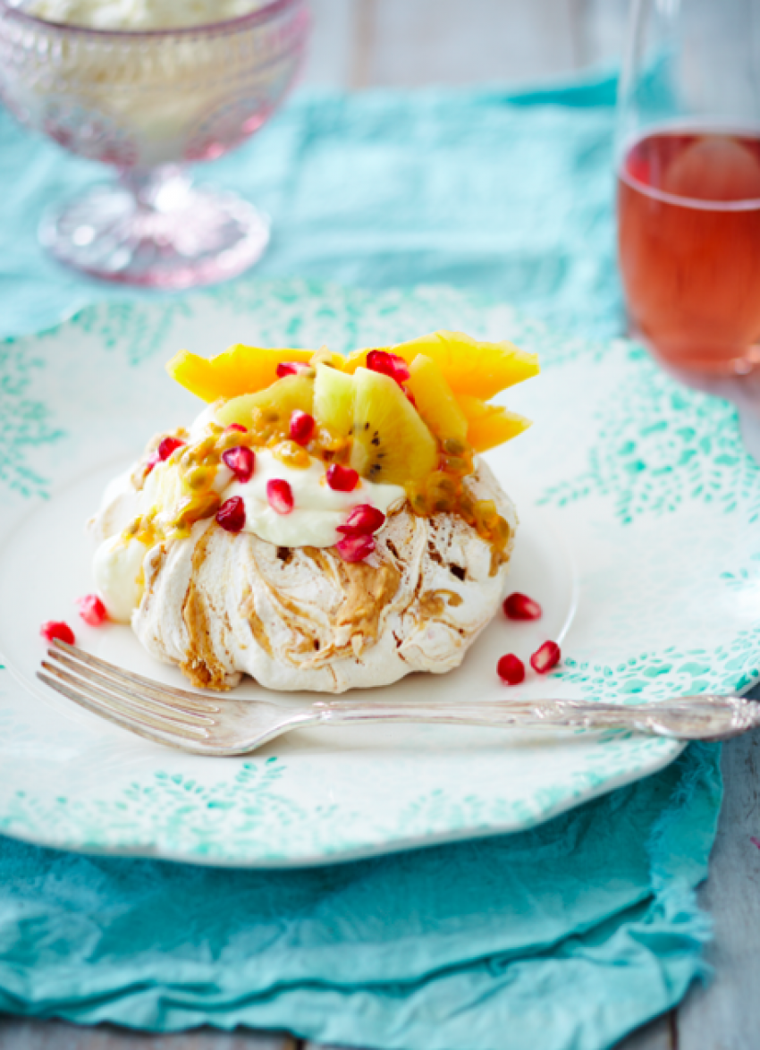 Cashew Nut Butter Meringues with Papaya and Pomegranate Seeds 