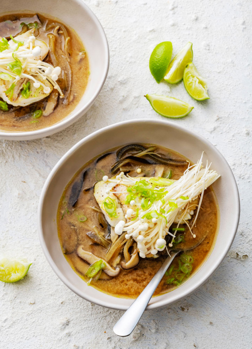 Shiitake Miso Broth with Eggplant Noodles and Market Fish