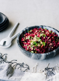 Raw Beetroot and Red Cabbage Salad with Dates and Hazelnuts