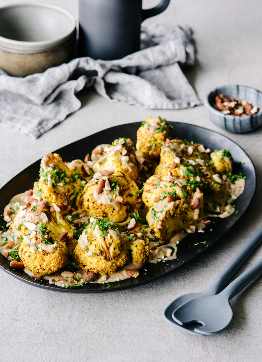Mustard Roasted Cauliflower with Almonds and Tahini Dressing