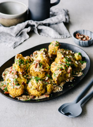 Mustard Roasted Cauliflower with Almonds and Tahini Dressing