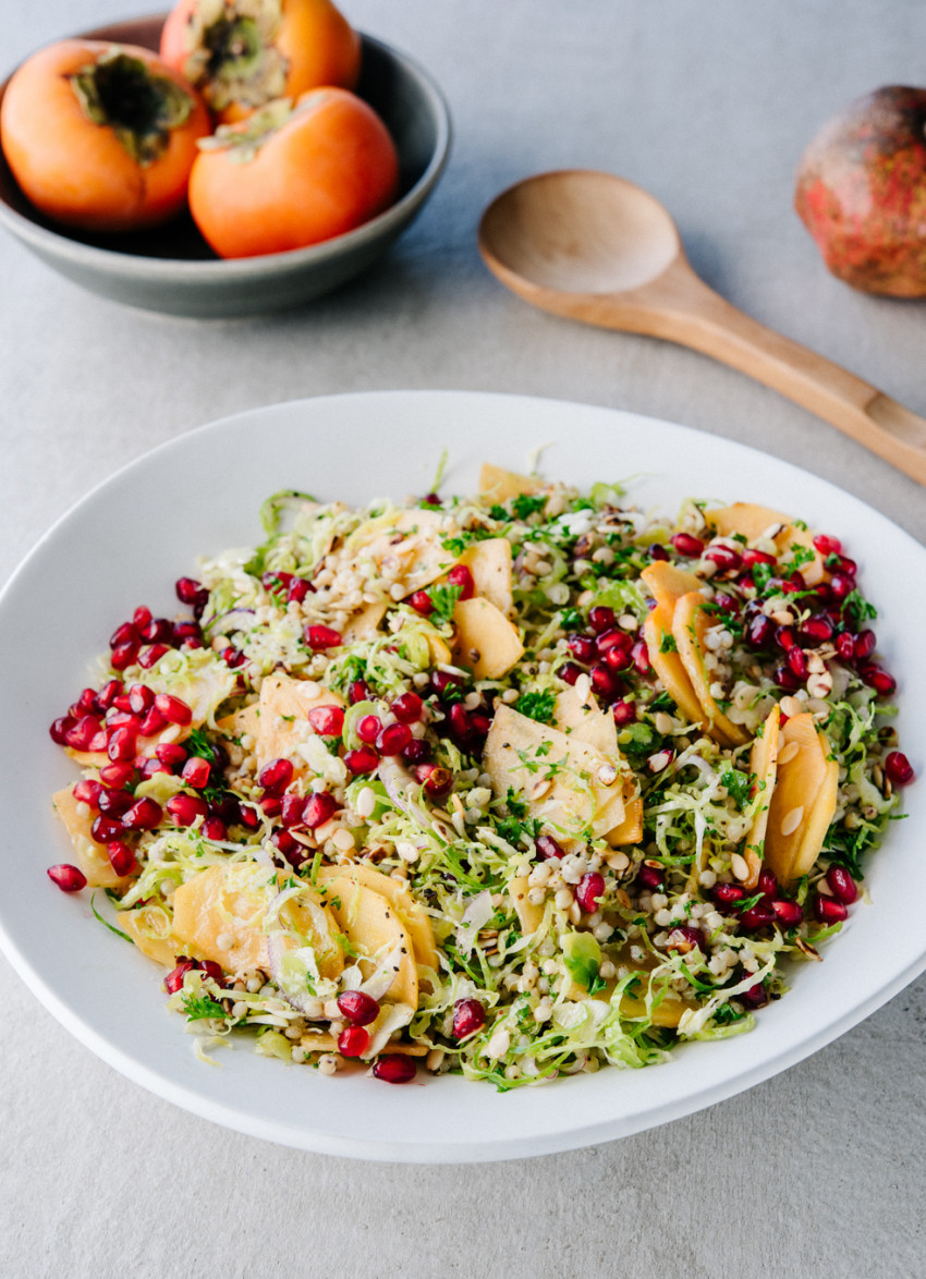 Winter Slaw of Shaved Brussels Sprouts, Persimmon and Sorghum 