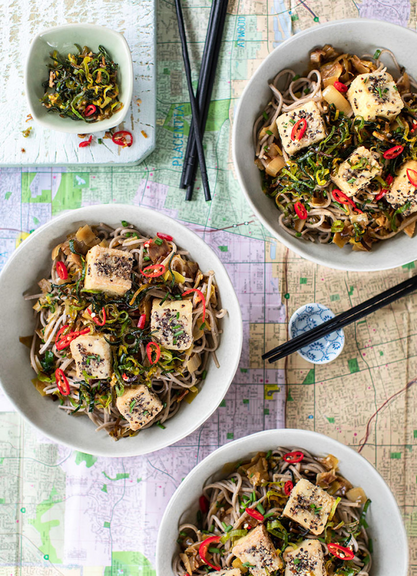 Soba Noodles with Leek and Miso Sauce and Black Pepper Tofu