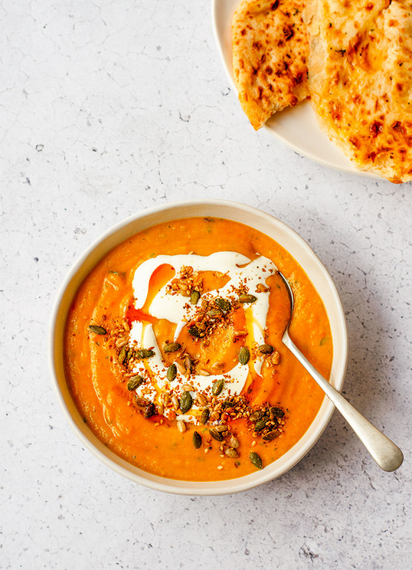 Stormy Night Carrot, Cumin and Coriander Soup with Red Lentils and Dukkah