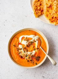 Stormy Night Carrot, Cumin and Coriander Soup with Red Lentils and Dukkah