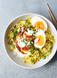 Spiced Cauliflower Rice Bowls with Soft Eggs and Chutney