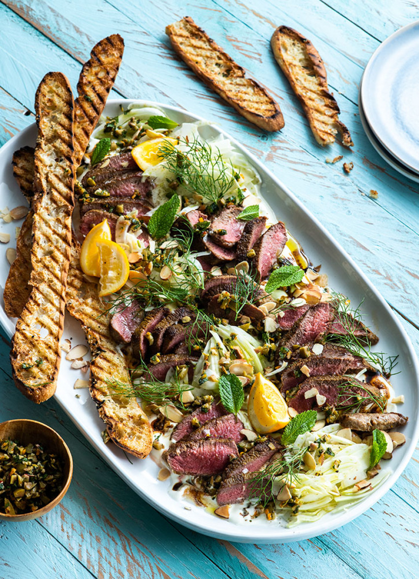 Spiced Lamb Shortloins with Fennel and Olive Salsa